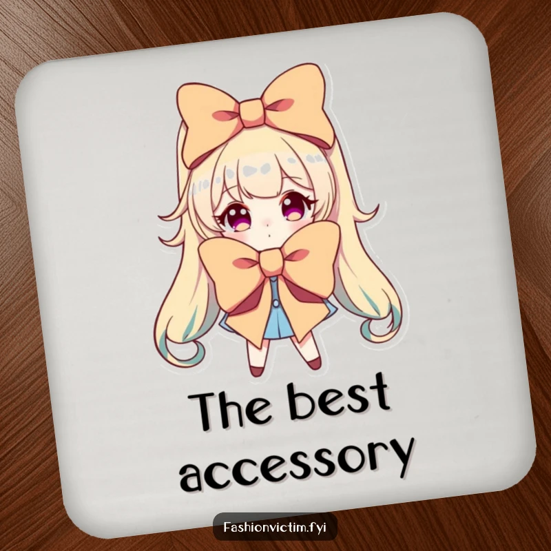 Funny drink coasters with a character dramatically posing with an oversized, brightly colored bow.