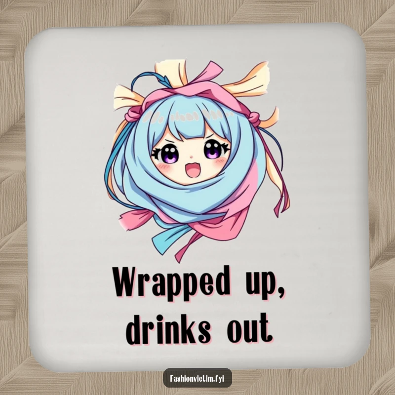 Funny drink coasters, each showing a character happily tangled in colorful fabric with a surprised look, adding humor to table settings.