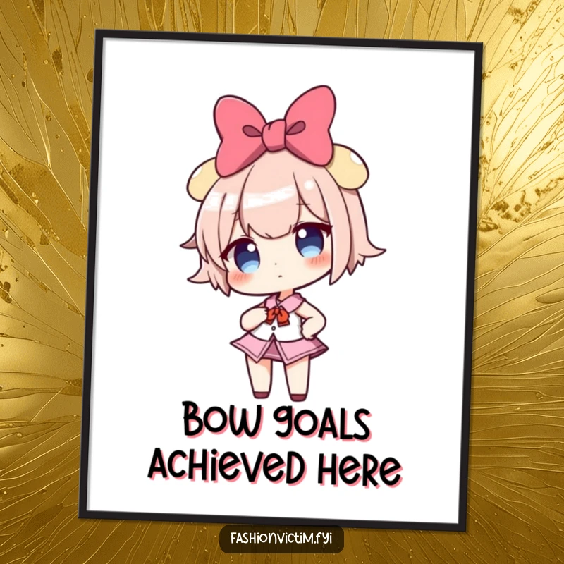 Funny poster featuring a confident girl character with a comically large bow, striking a powerful pose, perfect for statement wall art.