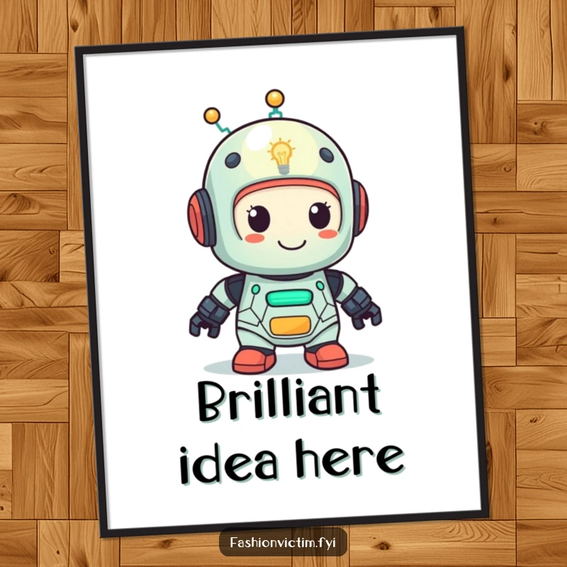 Funny poster of a cute robot with a lightbulb head looking very pleased. Humorous art for tech enthusiasts.