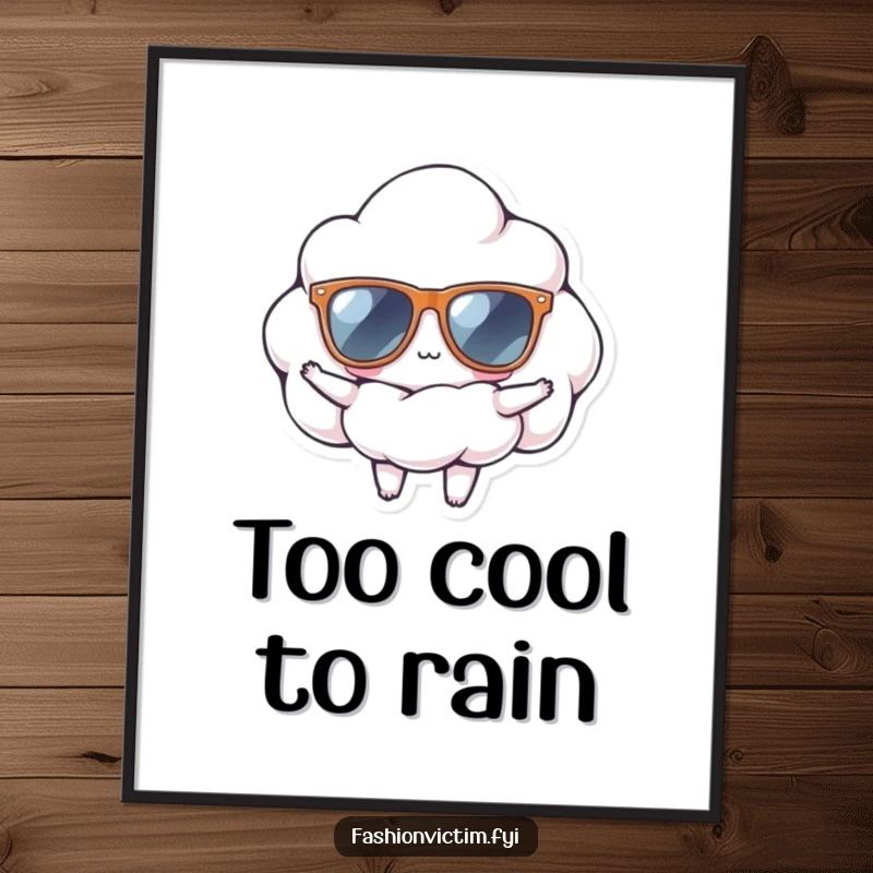 Funny art poster of a tiny cloud wearing oversized sunglasses, striking a confident and cool pose, adding personality to any space.