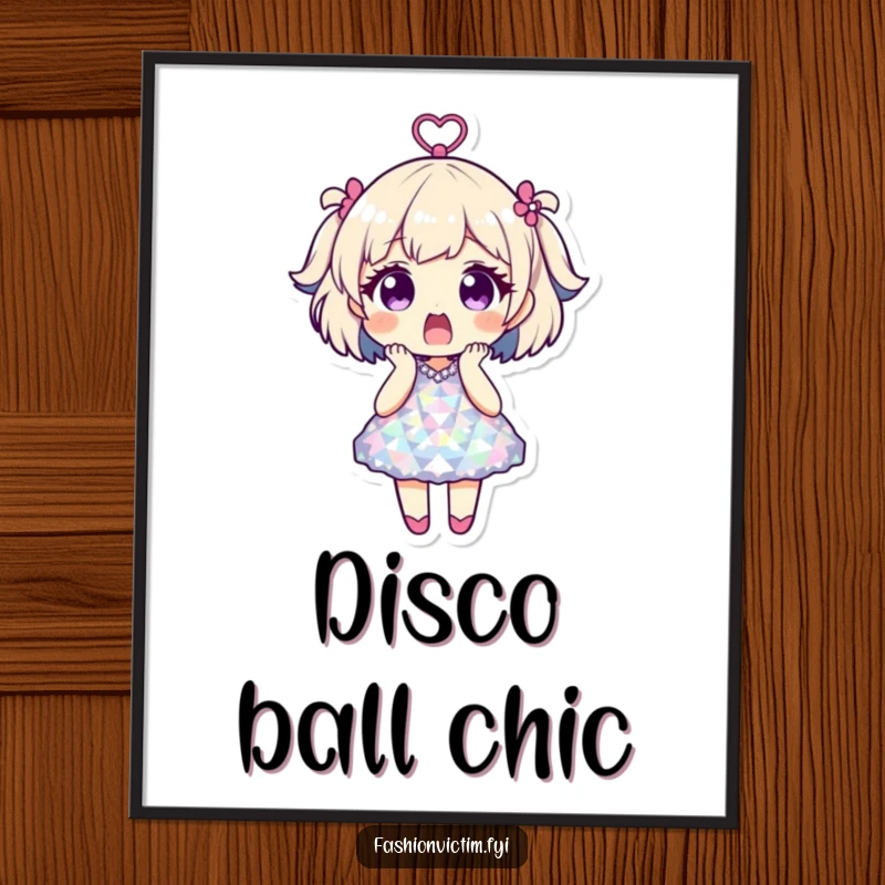 Funny poster capturing a character's shocked expression in a disco ball dress, perfect for adding retro party humor to walls.