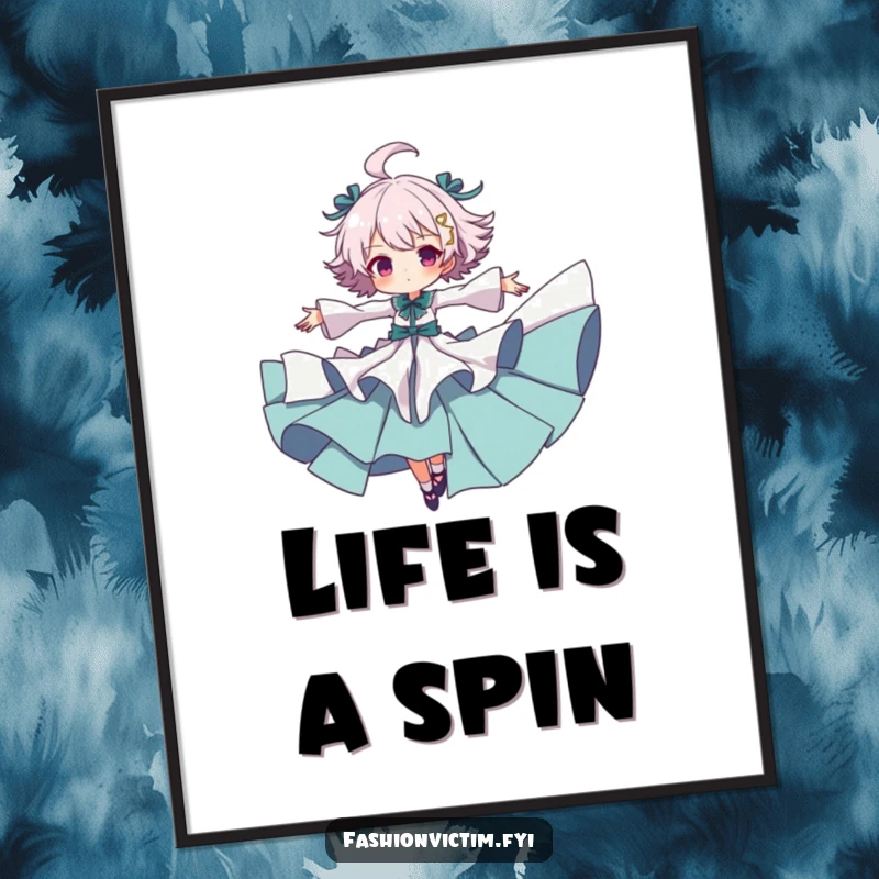 Funny poster of a character in dramatically ruffled clothing spinning with arms outstretched, conveying ecstatic movement and vibrant energy.