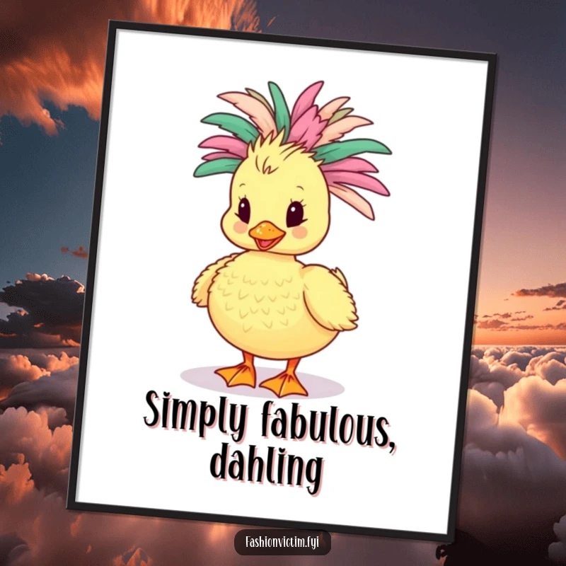Funny Duckling Poster: A captivating duckling struts in a rich, feathery boa, showcasing its flamboyant and cheerful nature.