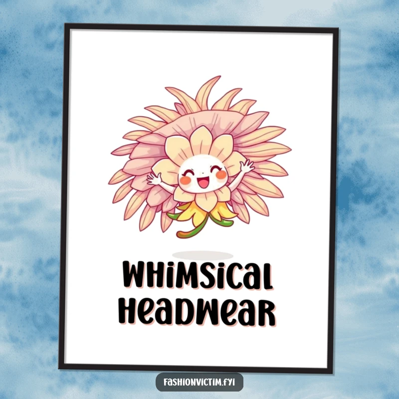 Funny flower character dancing ecstatically in a huge feathered hat, presented as a charming poster.
