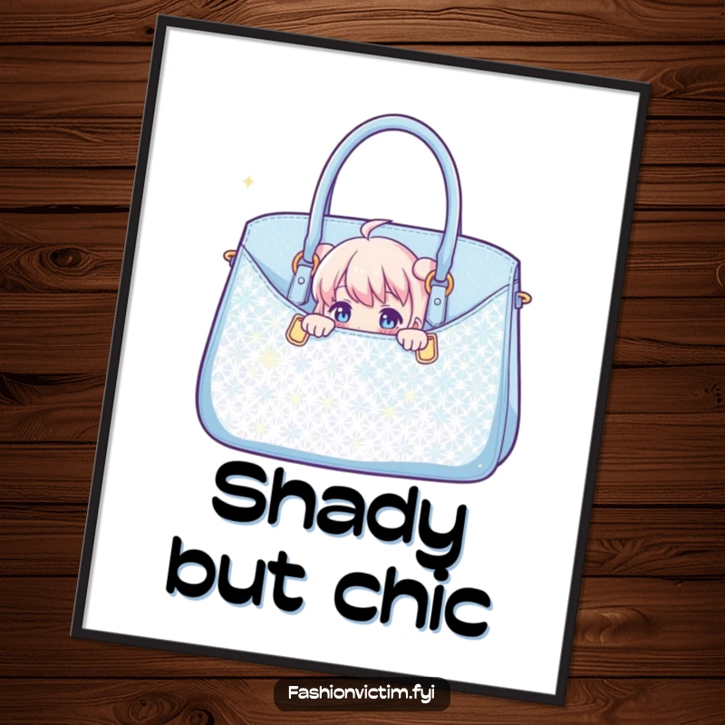 Funny poster art of a character peeking playfully from a massive, glittering handbag, creating a whimsical and humorous visual.