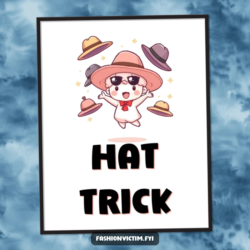 Funny poster showing a small cloudburst character happily juggling oversized fashionable hats, a whimsical and humorous piece of wall art.