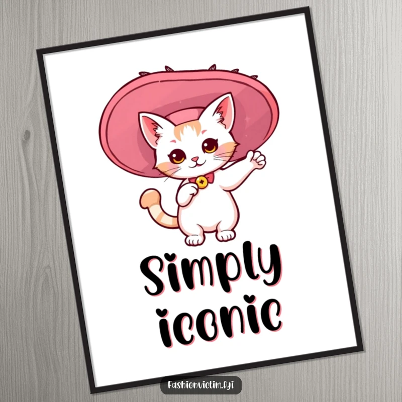 Funny poster of a kawaii cat striking a dramatic pose in a huge, flamboyant hat. Humorous art gift.