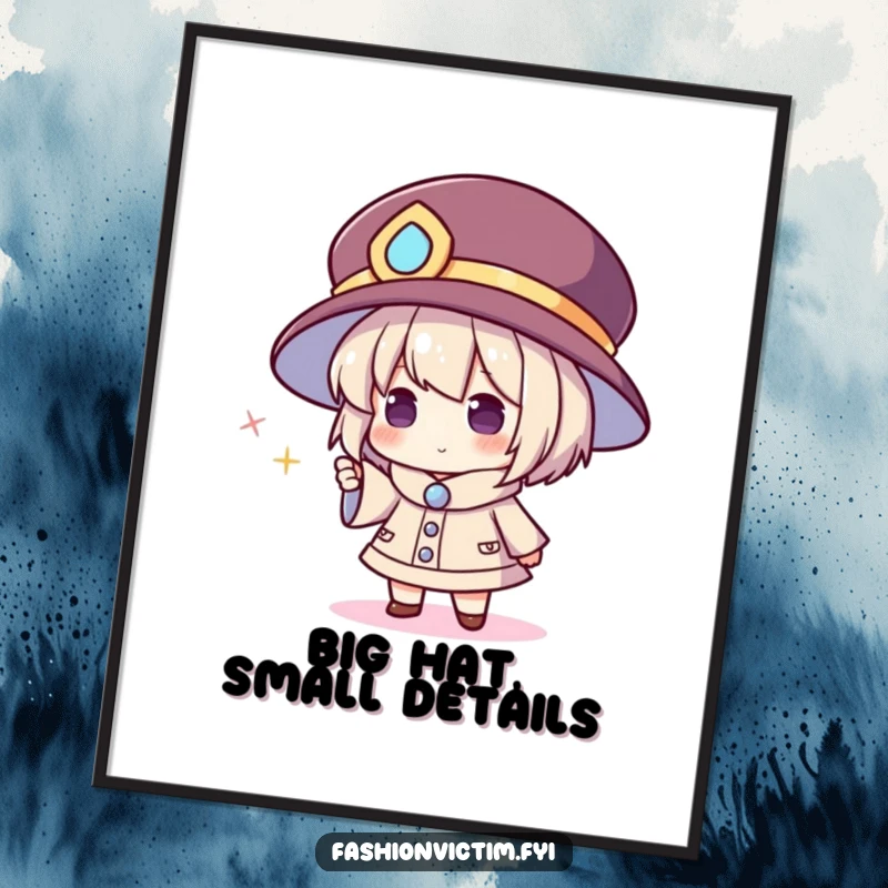 Funny poster of a character in an absurdly large hat pointing at a tiny, sparkling accessory, capturing a moment of enthusiastic discovery.