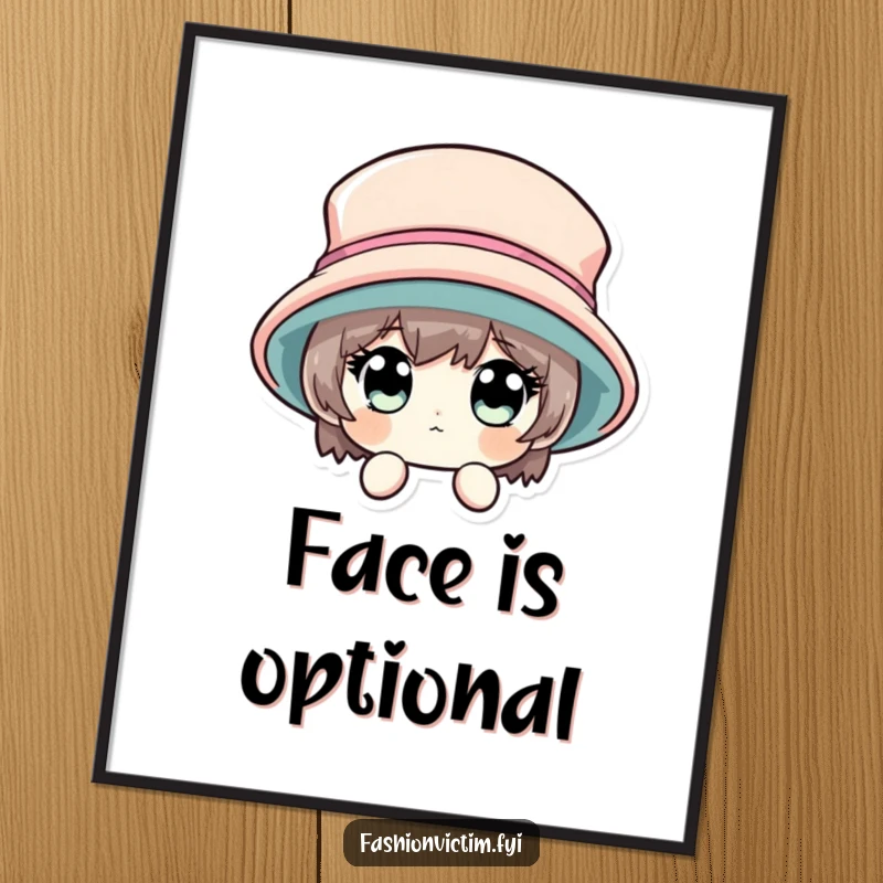 Funny poster print of a character's curious wide eyes peeking from behind a massive, fashionable hat, for decor.