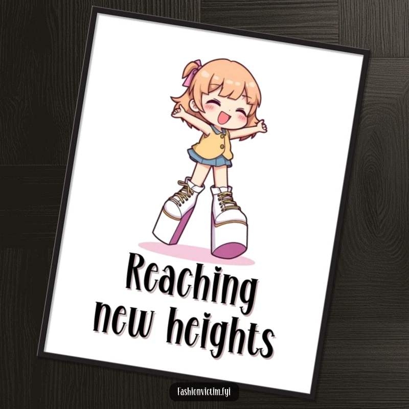 Funny poster of a character gleefully attempting to walk in extremely high platform shoes, perfect for a fashion room.