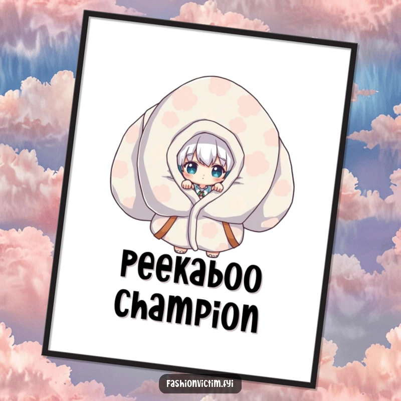 Funny Poster artwork of a bashful character emerging from a gigantic, boldly patterned garment, creating a humorous visual.