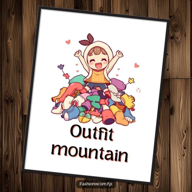 Funny poster artwork of a character mid-leap, joyfully submerging into a huge, vibrant pile of colorful, mismatched clothing, celebrating pure fun.