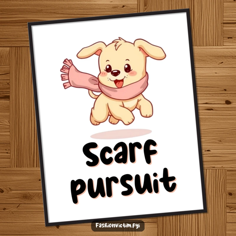 Funny poster art of a playful puppy comically chasing a runaway, frilly scarf with great enthusiasm.