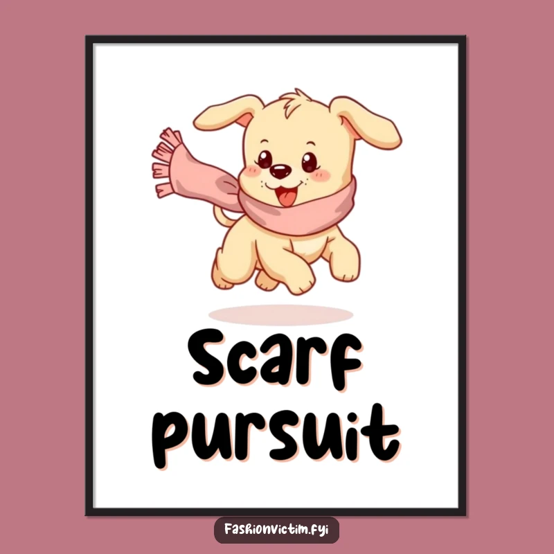 Funny Puppy Scarf Chase Poster: Adorable Dog Art for Your Wall