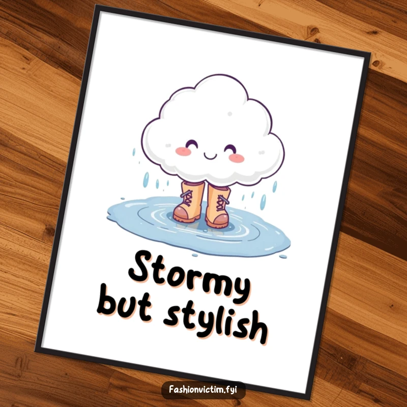 Funny poster art of a smiling rain cloud character happily splashing in a puddle while wearing fashionable boots, celebrating rainy days.