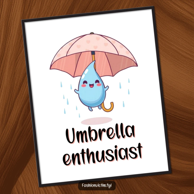Funny Poster of a playful raindrop character joyfully bouncing on a patterned umbrella, celebrating a wet day.