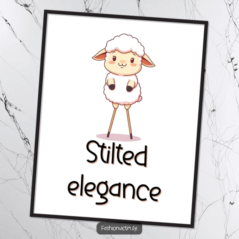 Funny poster art of a fluffy sheep comically attempting a balancing act while standing on stilts.