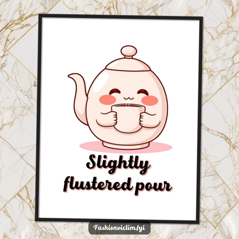 Funny wall poster of a shy teapot character blushing deeply red while holding a steaming cup, conveying bashful charm.