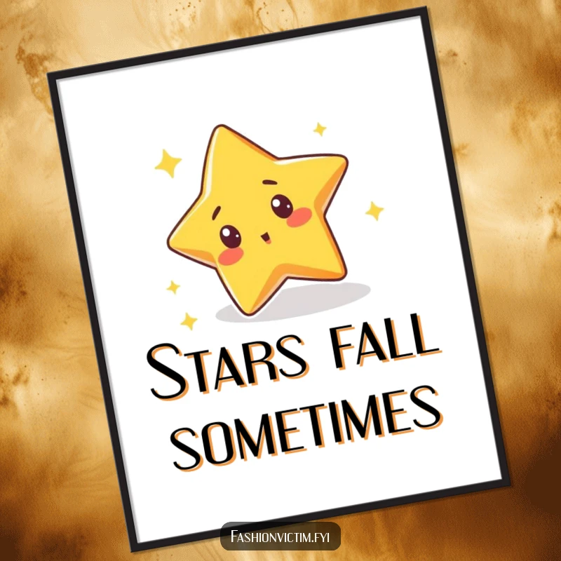 Funny art poster of a cute star character tripping over its own sparkle with a surprised expression, adding humor and charm to any room.