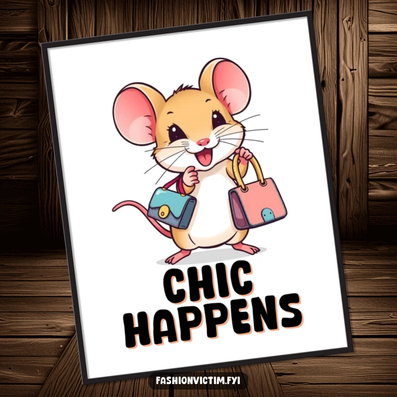 Funny poster depicting a tiny mouse ecstatically holding a miniature designer handbag, bringing a humorous and stylish touch to wall decor.