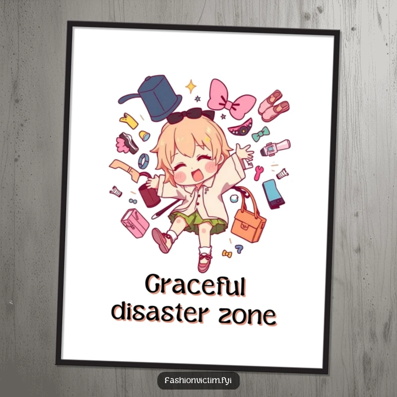 Funny poster art capturing a character dramatically tripping, with a humorous explosion of fashion items flying around.