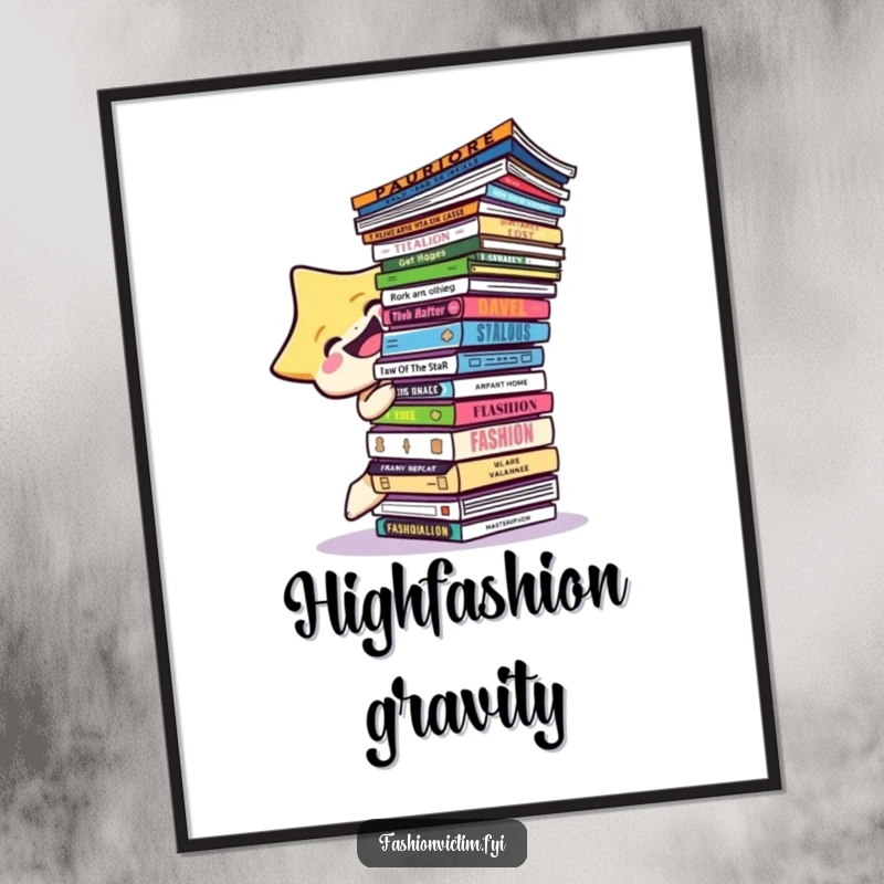 Funny star character depicted mid-laugh while precariously balancing a huge stack of fashion magazines on a poster.