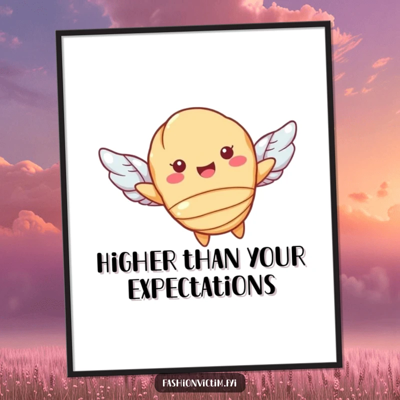 Funny poster art of a smiling croissant character with small wings, flying high. A delightful and humorous piece for pastry lovers.