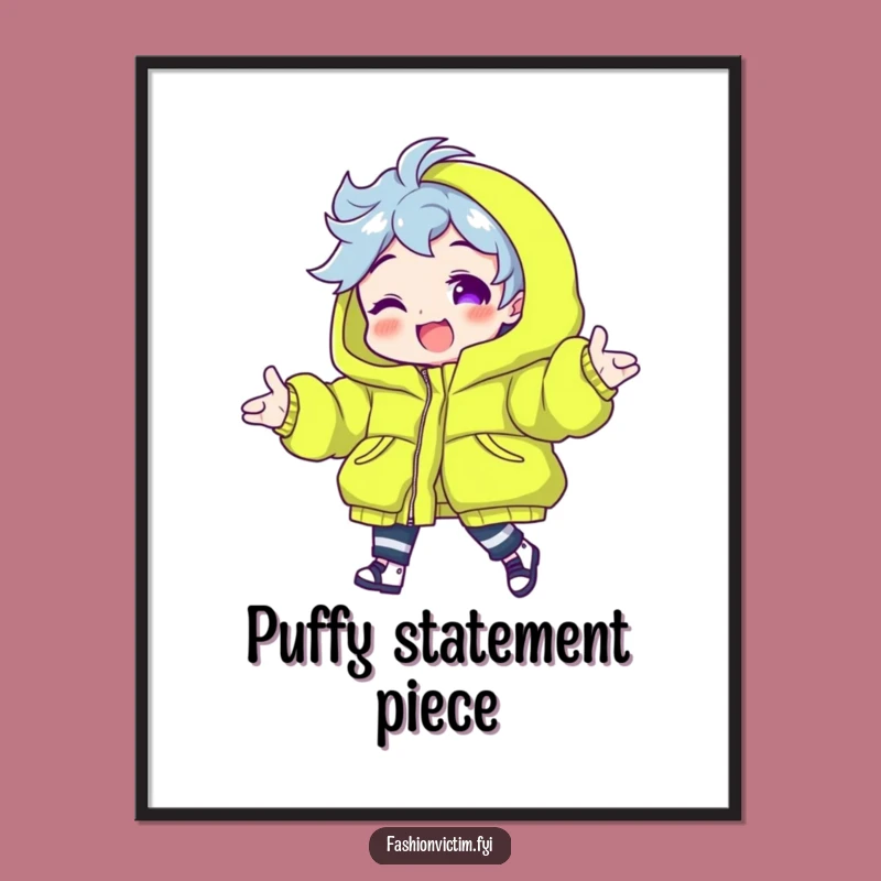 Funny Neon Puffy Jacket Poster. Decorate with vibrant style and humor.