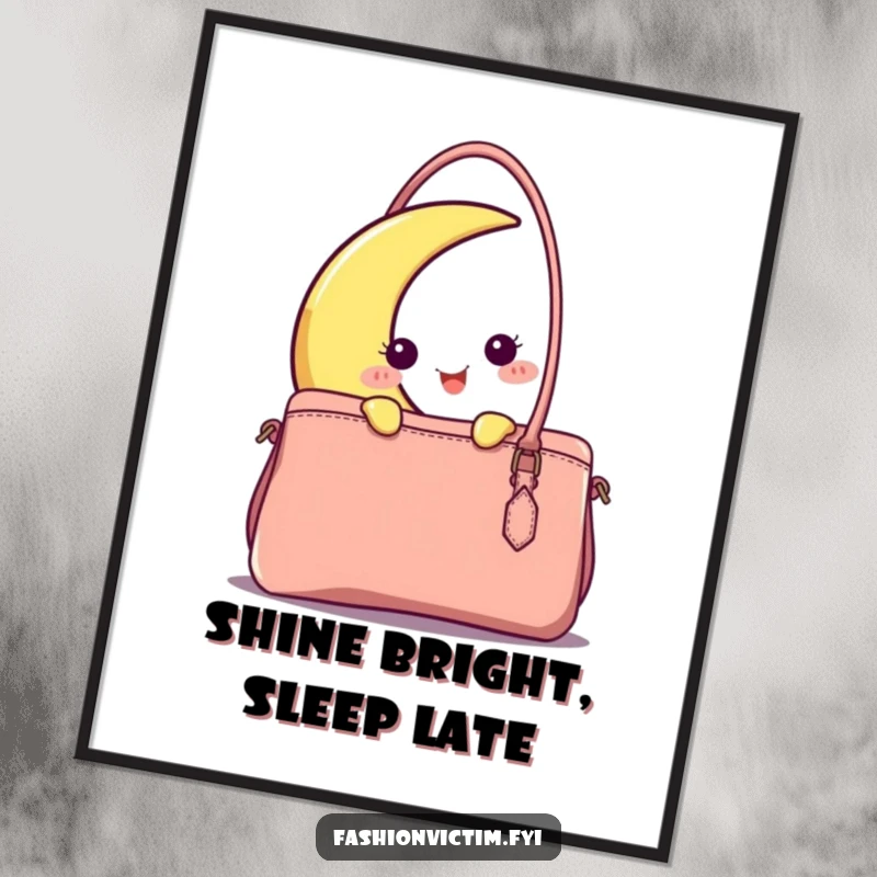 Funny happy crescent moon character peeking mysteriously from behind a fashionable handbag, creating a whimsical and humorous wall art.