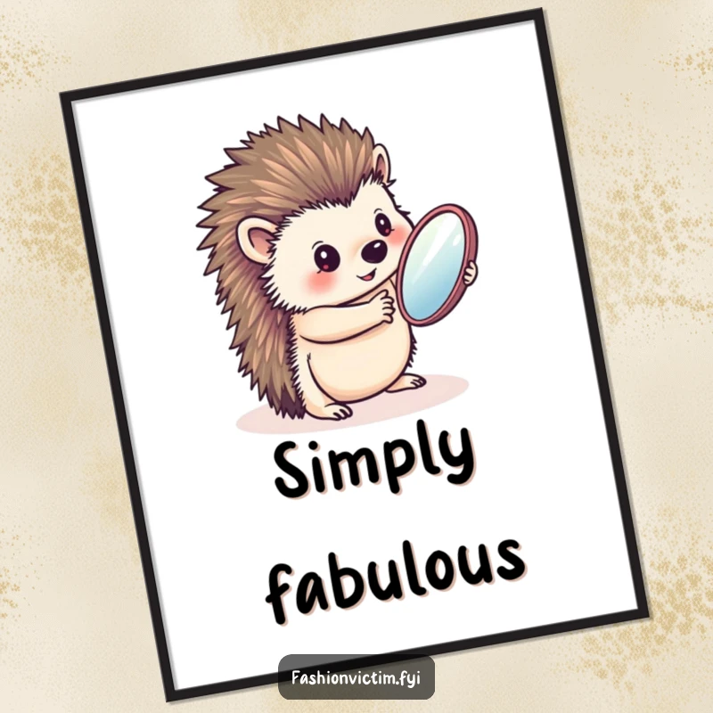 Funny poster of a charming hedgehog admiring its reflection in a handheld mirror, bringing a humorous and stylized touch to wall decor.