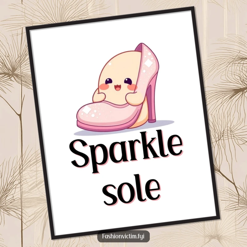 Funny poster showing a cheerful blob character admiring an oversized, sparkly shoe, a whimsical and glamorous piece of wall art.