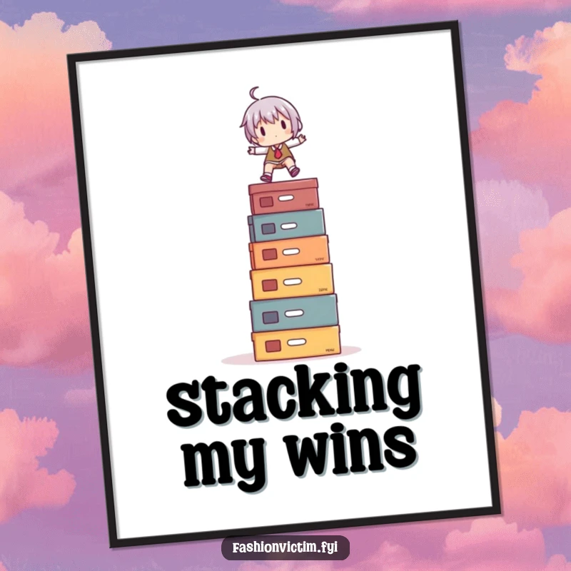 Funny Poster: A whimsical character in mid-balance on a precarious tower of assorted shoe boxes, a humorous celebration of shoe enthusiasm.