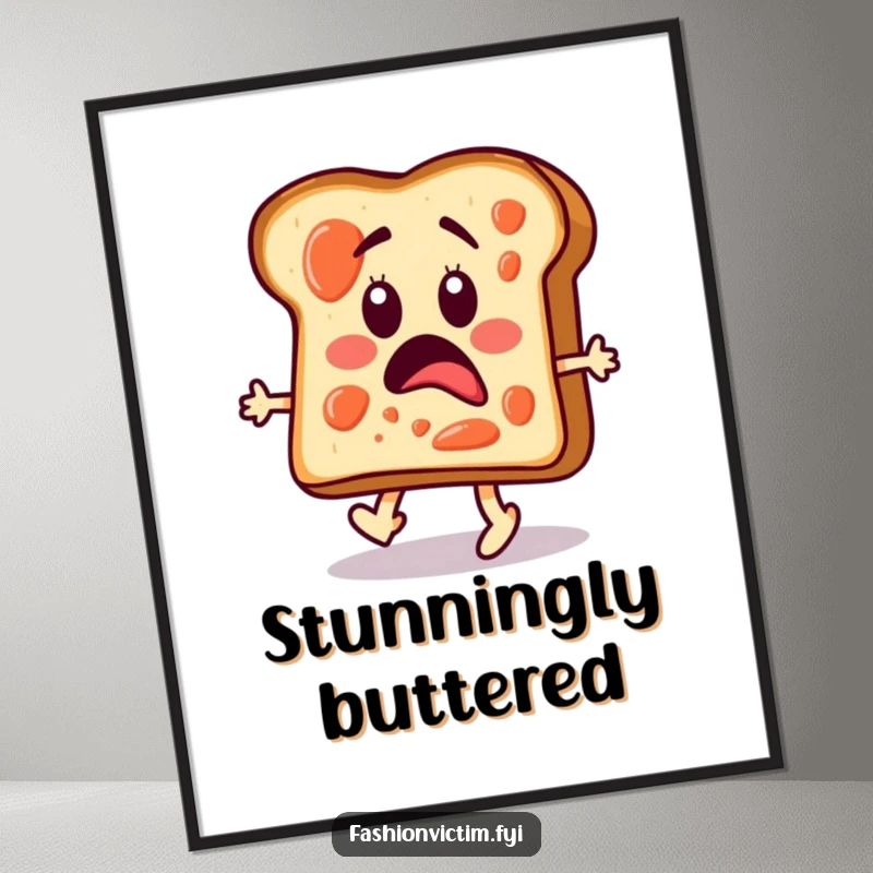 Funny poster of a surprised toast slice with jam, strutting confidently down a fashion runway.