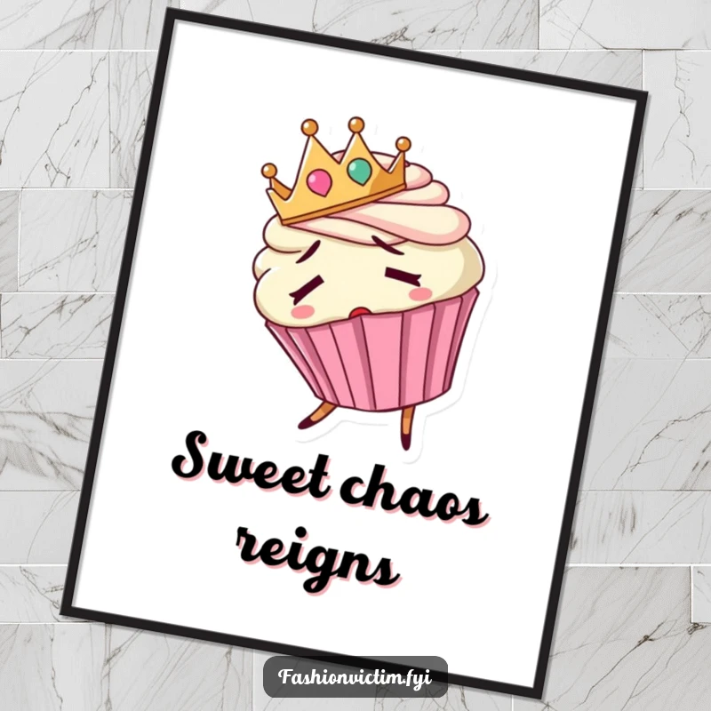 Funny poster of a confused cupcake wearing a backward crown and tripping, a sweet and silly sight.