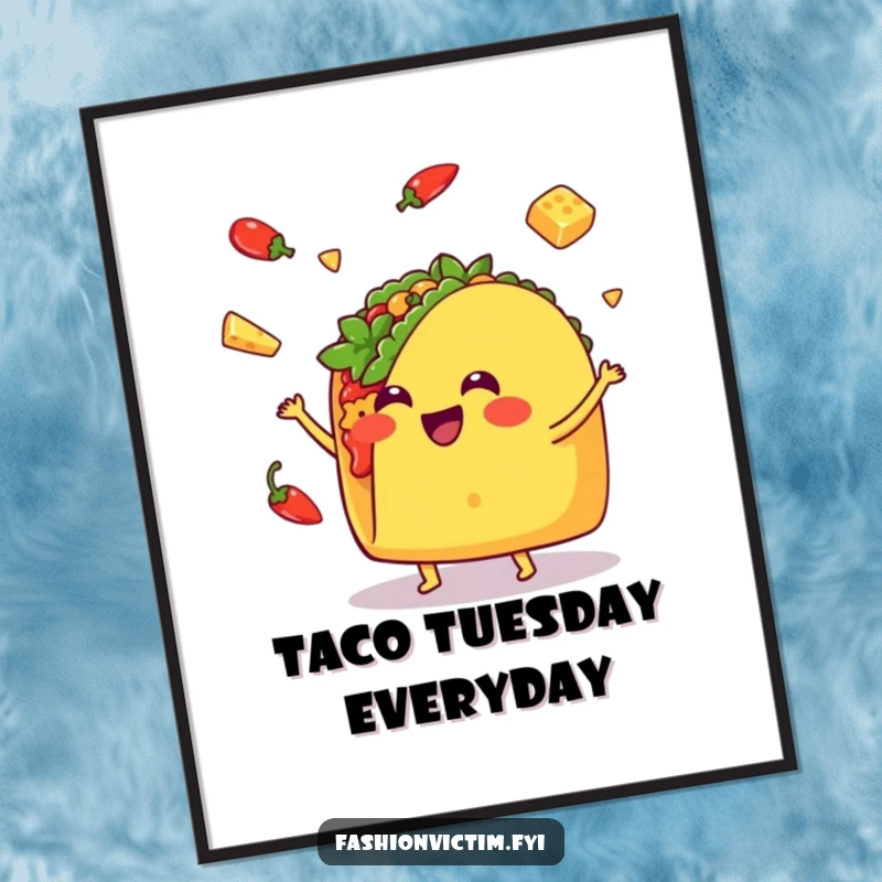 Funny Kawaii taco poster, a cheerful taco juggling, vibrant and humorous wall art for a fun-loving atmosphere.