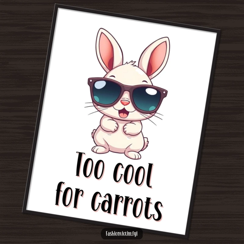 Funny art print of a small bunny gleefully trying on enormous sunglasses; captures a moment of cool and humorous animal fashion.