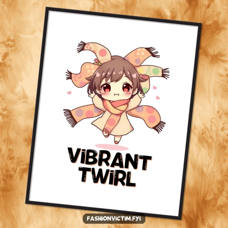 Funny poster artwork of a character gleefully spinning with a large, colorful bouquet of wildly patterned scarves, embodying vibrant style and joy.