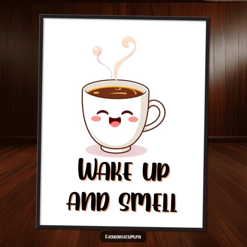 Funny Kawaii coffee cup poster, a winking cup in steam, vibrant and humorous wall art for a cheerful atmosphere.