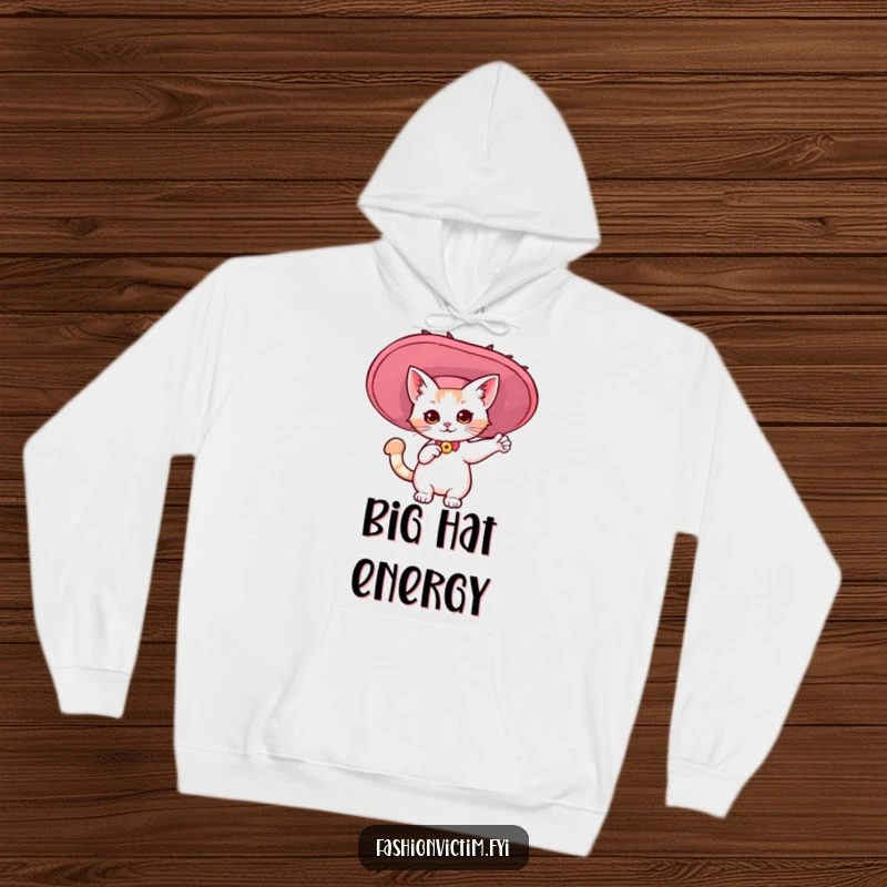 Funny hoodie with a kawaii cat posing dramatically in an oversized, flamboyant hat. Cozy and humorous apparel.