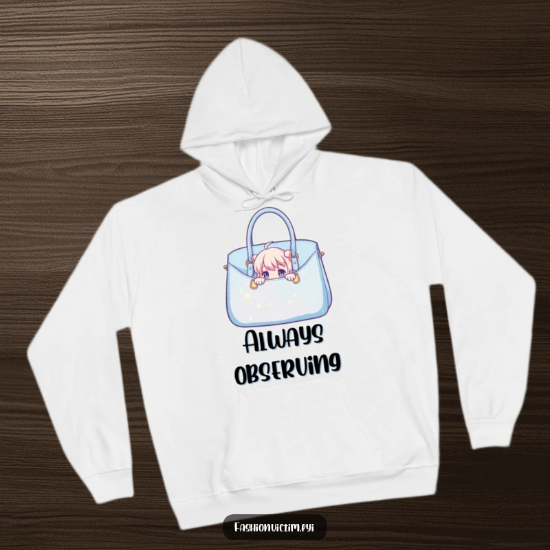 Funny hoodie design of a character curiously peeking from behind an oversized, shimmering handbag, offering warmth and wit.