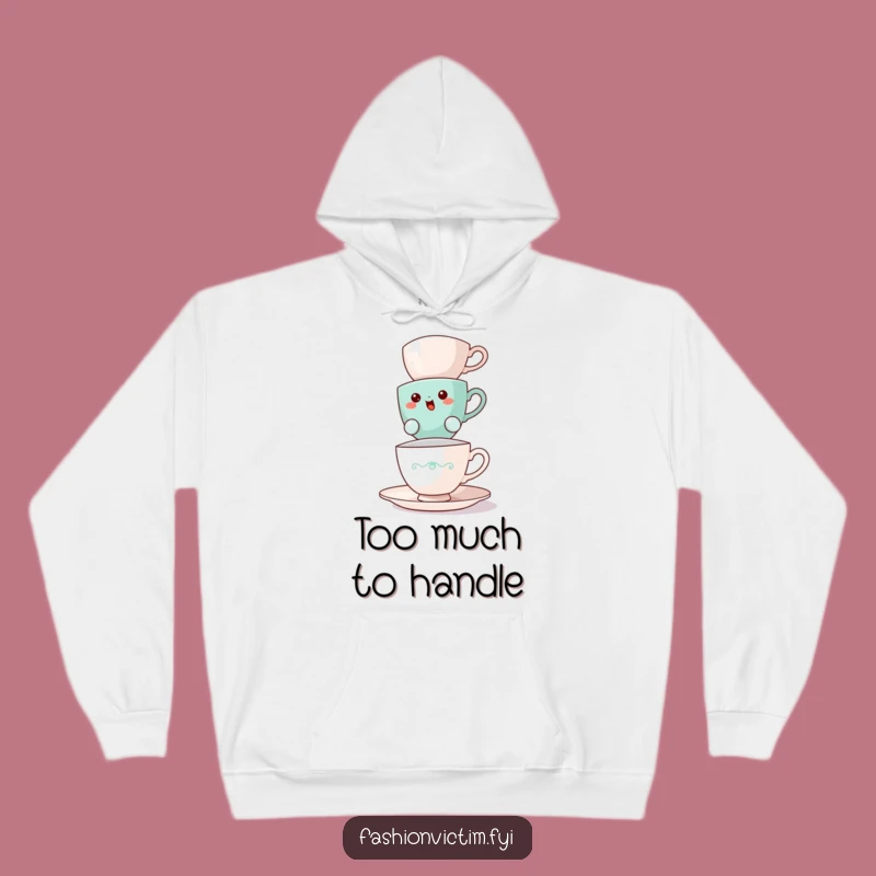 Cozy Funny Teacup Balancing Hoodie: Warm Comfort with Precarious Tea Charm