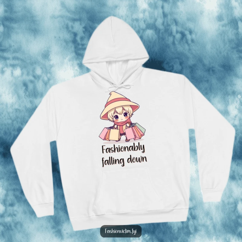 Funny hoodie featuring a child character with a huge hat tripping amidst a pile of shopping bags, illustrating a humorous retail mishap.