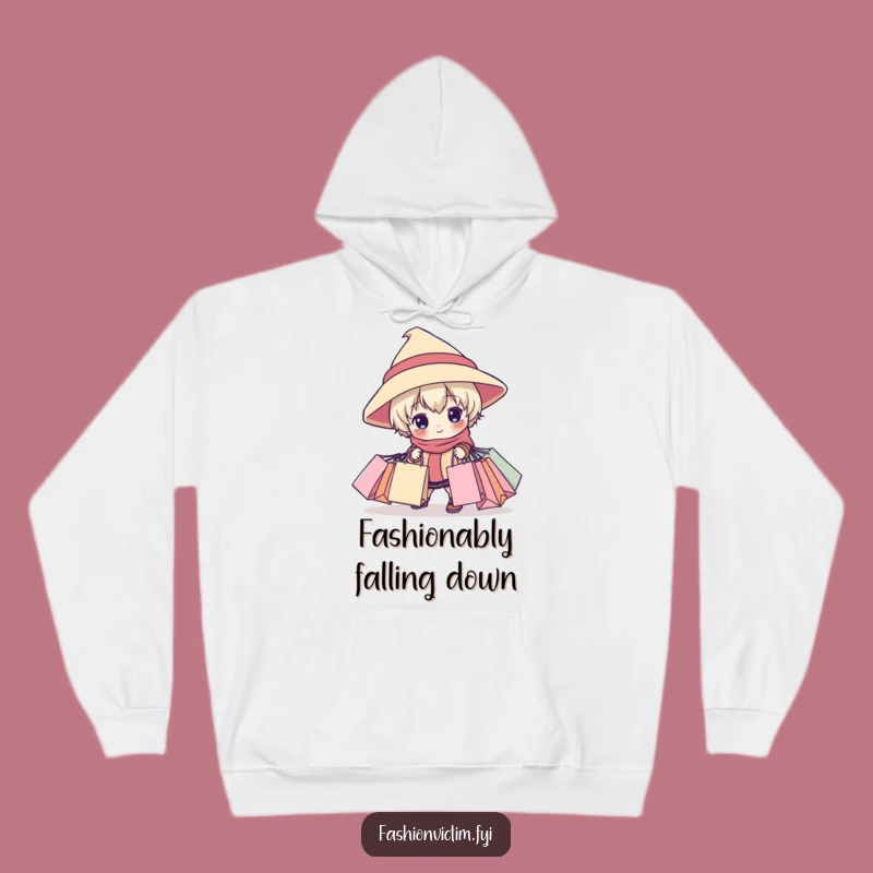 Funny Tripping Shopper Hoodie: Child in Big Hat, Cozy Funny Gift for Retail Warriors