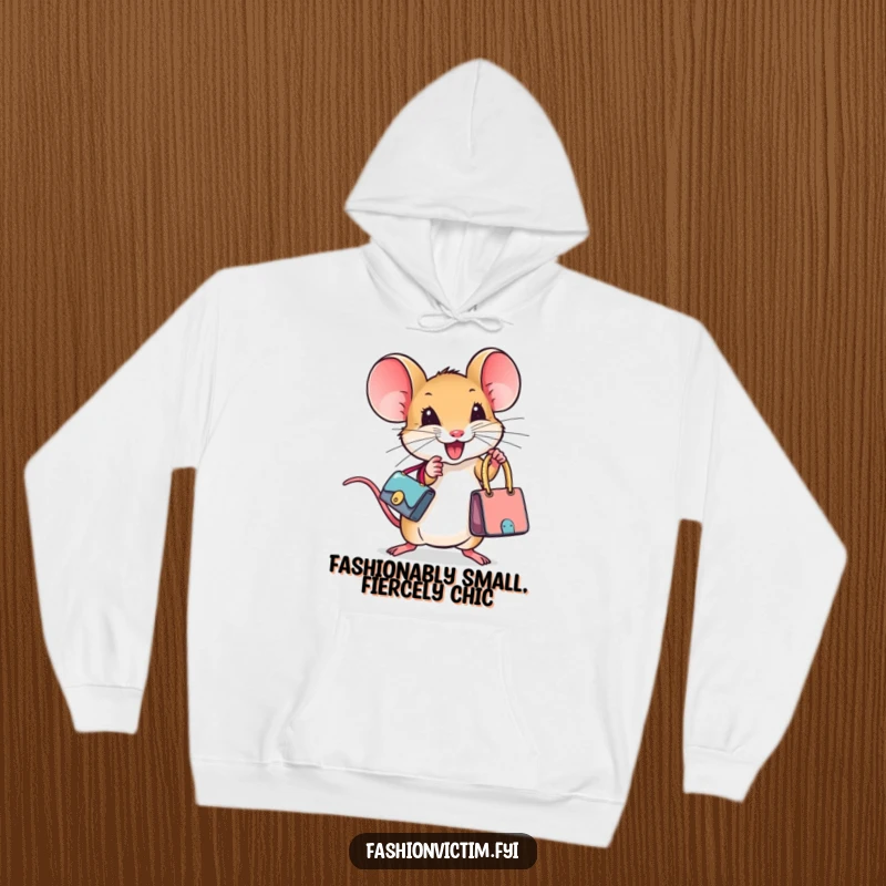 Funny hoodie with a tiny mouse ecstatically holding a miniature designer handbag, offering comfort and a dash of high-fashion humor.