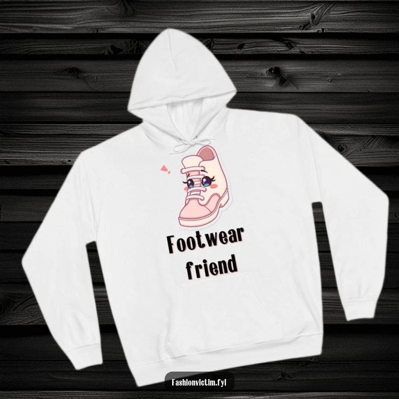 Funny hoodie design of a character with a surprised expression, looking at a shoe that winked with a tiny eye, offering cozy amusement.