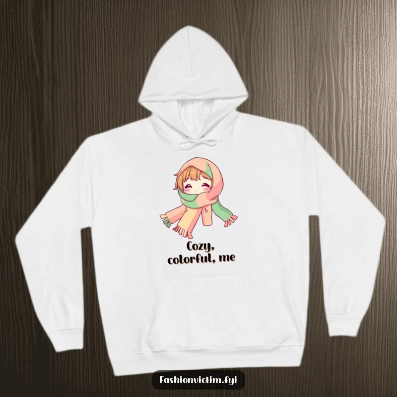 Funny Hoodie depicting a bubbly character draped in a ridiculously long, colorful scarf, perfect for staying warm.
