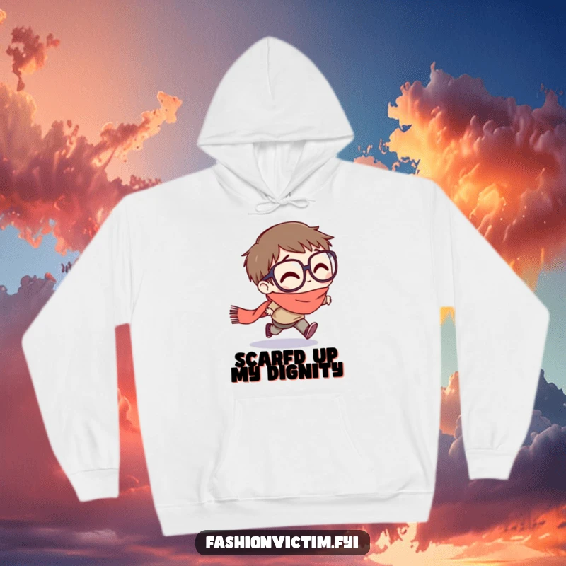 Funny hoodie featuring a character with exaggeratedly large glasses stumbling forward, tripping hilariously on a trailing scarf.