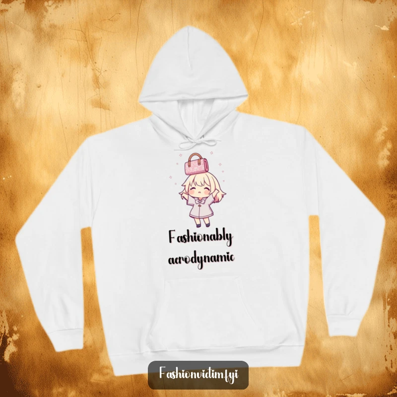 Funny Hoodie illustration of a cheerful character gleefully spinning a glittery handbag overhead, perfect for cold weather fun.