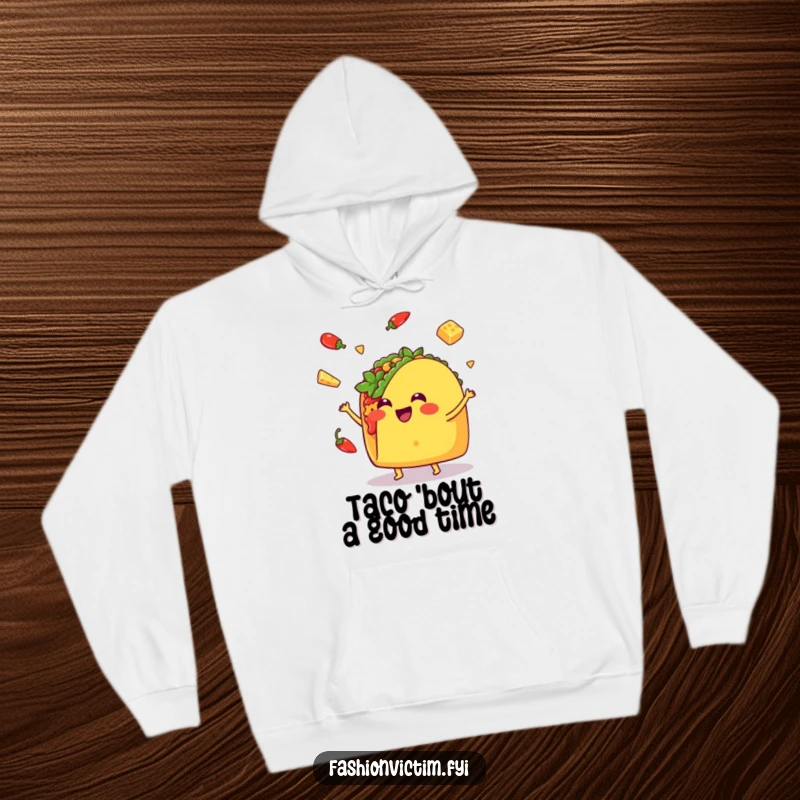Funny Kawaii taco hoodie, a cheerful taco juggling food items, offering warmth and a humorous, lighthearted feel.